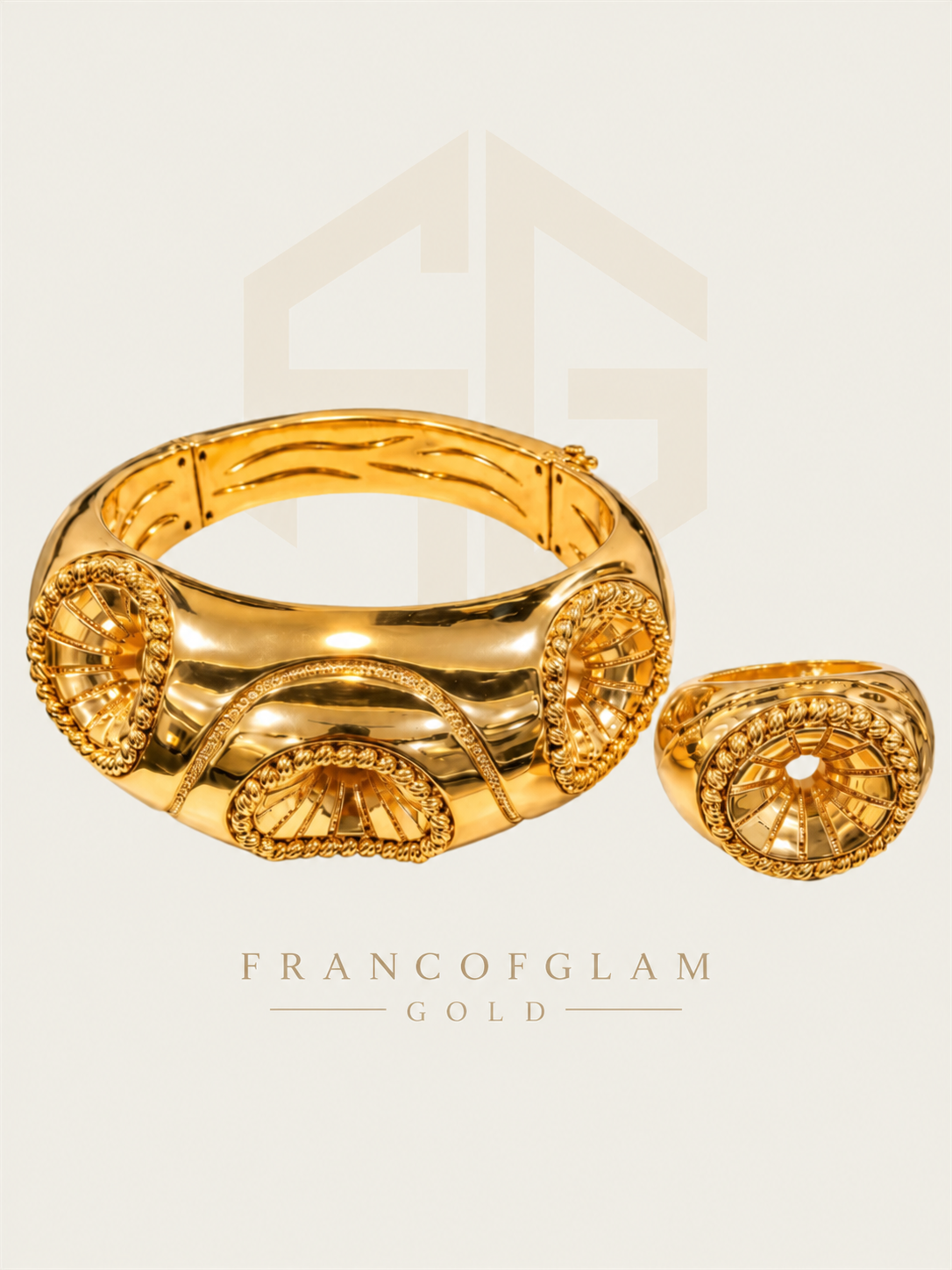 18K GOLD STATEMENT BANGLE & RING SET | 24.4G